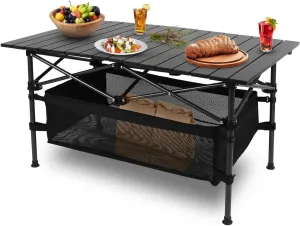 Large Folding Camping Table with Storage, Portable Lightweight Aluminum Roll-up Picnic Table for Picnic BBQ Backyard Patio, Black