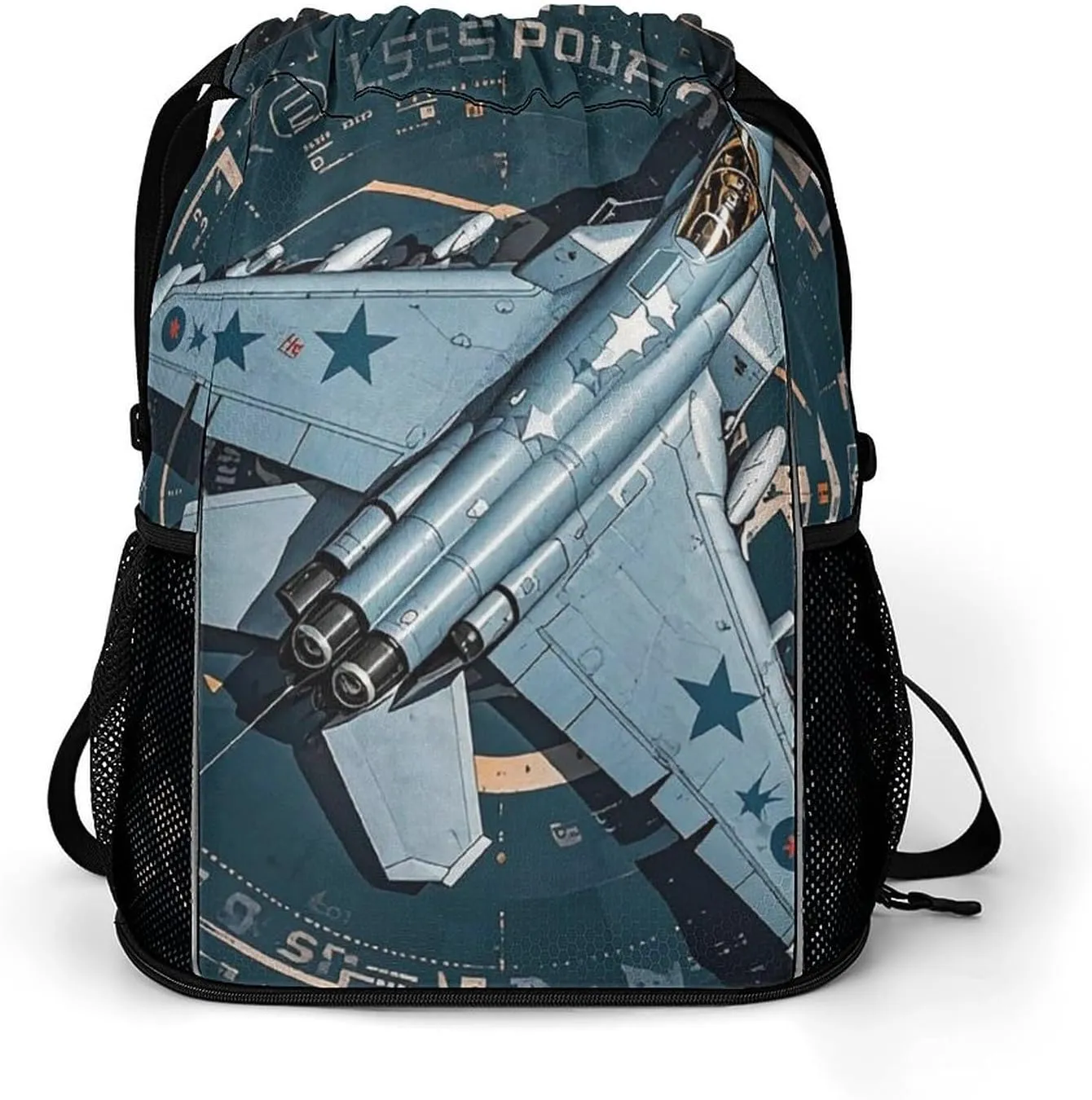 Large Sports Drawstring Backpack Air Force Fighter Jet Printed with Dry-Wet Separation | Digital Print Gym Sack | Waterproof Fabric | Shoe Compartment & PVC Pocket | Hydration Mesh for Fitness, Travel
