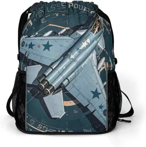 Large Sports Drawstring Backpack Air Force Fighter Jet Printed with Dry-Wet Separation | Digital Print Gym Sack | Waterproof Fabric | Shoe Compartment & PVC Pocket | Hydration Mesh for Fitness, Travel