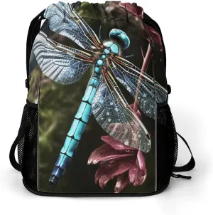 Large Sports Drawstring Backpack Blue Dragonfly Printed with Dry-Wet Separation | Digital Print Gym Sack | Waterproof Fabric | Shoe Compartment & PVC Pocket | Hydration Mesh for Fitness, Travel, Work
