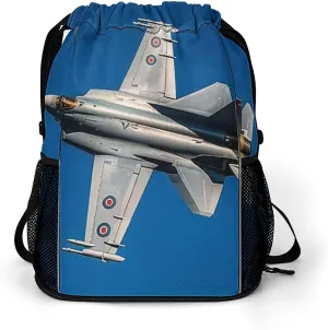 Large Sports Drawstring Backpack Jet Fighter Printed with Dry-Wet Separation | Digital Print Gym Sack | Waterproof Fabric | Shoe Compartment & PVC Pocket | Hydration Mesh for Fitness, Travel, Work