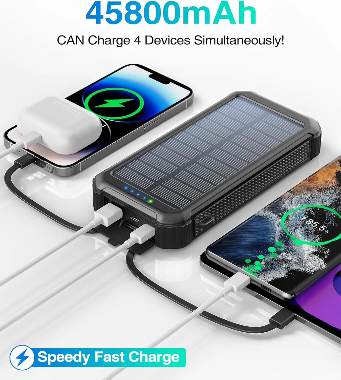 LATIMERIA Solar Charger Power Bank, 45800mAh Portable Phone Charger with USB C in/Output, 5V3.1A QC 3.0 Fast Charging for Cellphone, External Battery Pack Compatible with iPhone Samsung Google etc