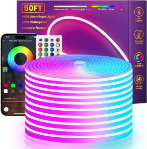 Led Neon Rope Lights 50Ft, Flexible Led Rope Lights,24V RGB LED Rope Lights, Multiple Modes, IP67 Waterproof Outdoor Neon Rope Lights, Music Sync Led Neon Strip Lights for Bedroom Indoor