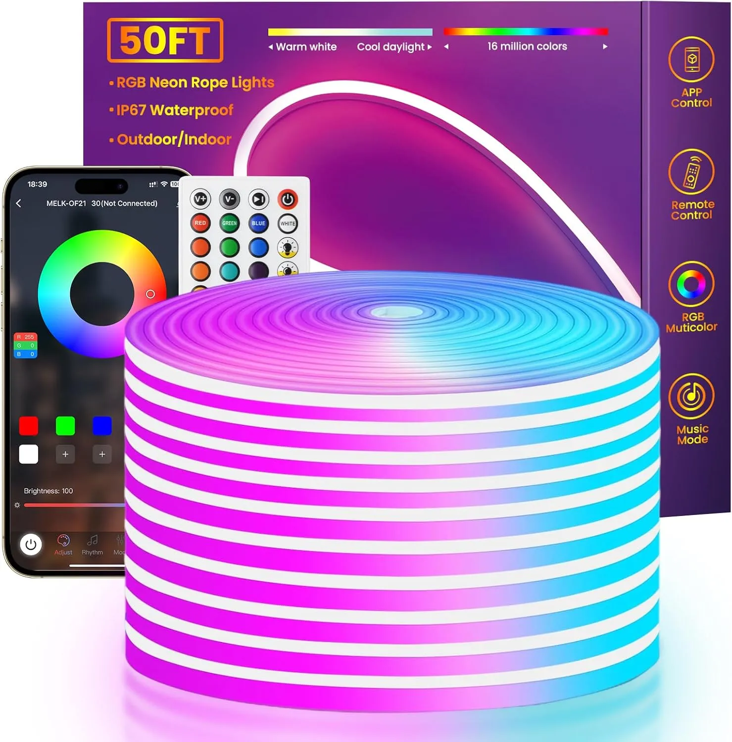 Led Neon Rope Lights 50Ft, Flexible Led Rope Lights,24V RGB LED Rope Lights, Multiple Modes, IP67 Waterproof Outdoor Neon Rope Lights, Music Sync Led Neon Strip Lights for Bedroom Indoor