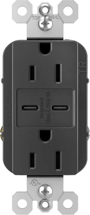 Legrand radiant R26USBCC6BK 15 Amp Tamper-Resistant Decorator Duplex Receptacle Outlet with Ultra Fast USB C/C 6.0A Charging Ports, Black (1 Count)