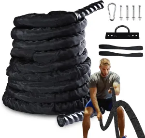 Leogreen 1.5" 30ft Heavy Battle Rope, Exercise Training Rope with Anchor Strap and Wall Mount Bracket Kit, Workout Rope with Protective Sleeve for Home Gym Cardio, Core Strength Training, Black