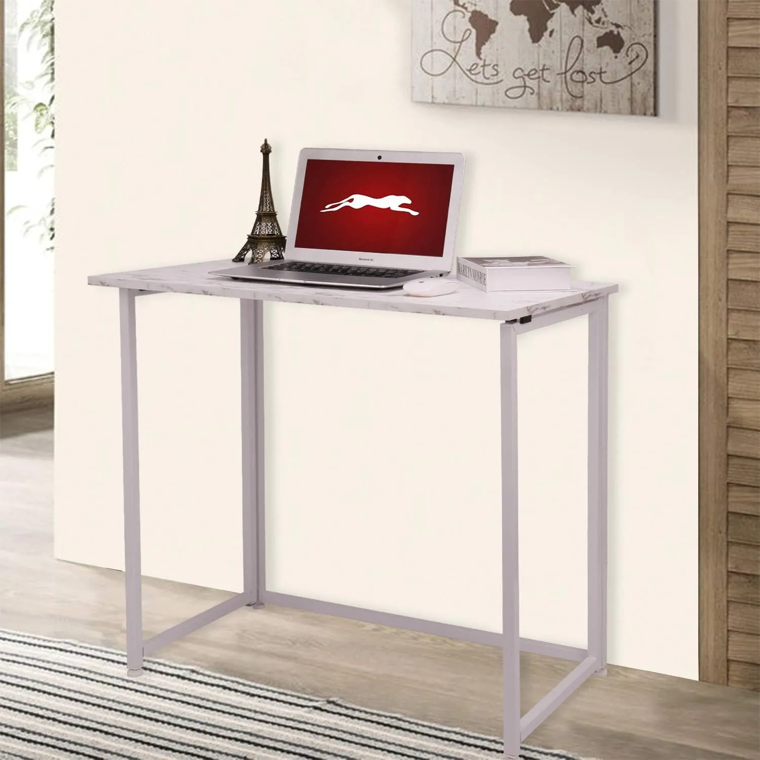 Leopard Outdoor Products Folding Computer Desk for Small Spaces, Space-Saving Home Office, Foldable Laptop Table, Writing Desk, Compact Study Reading Table (Marble White)