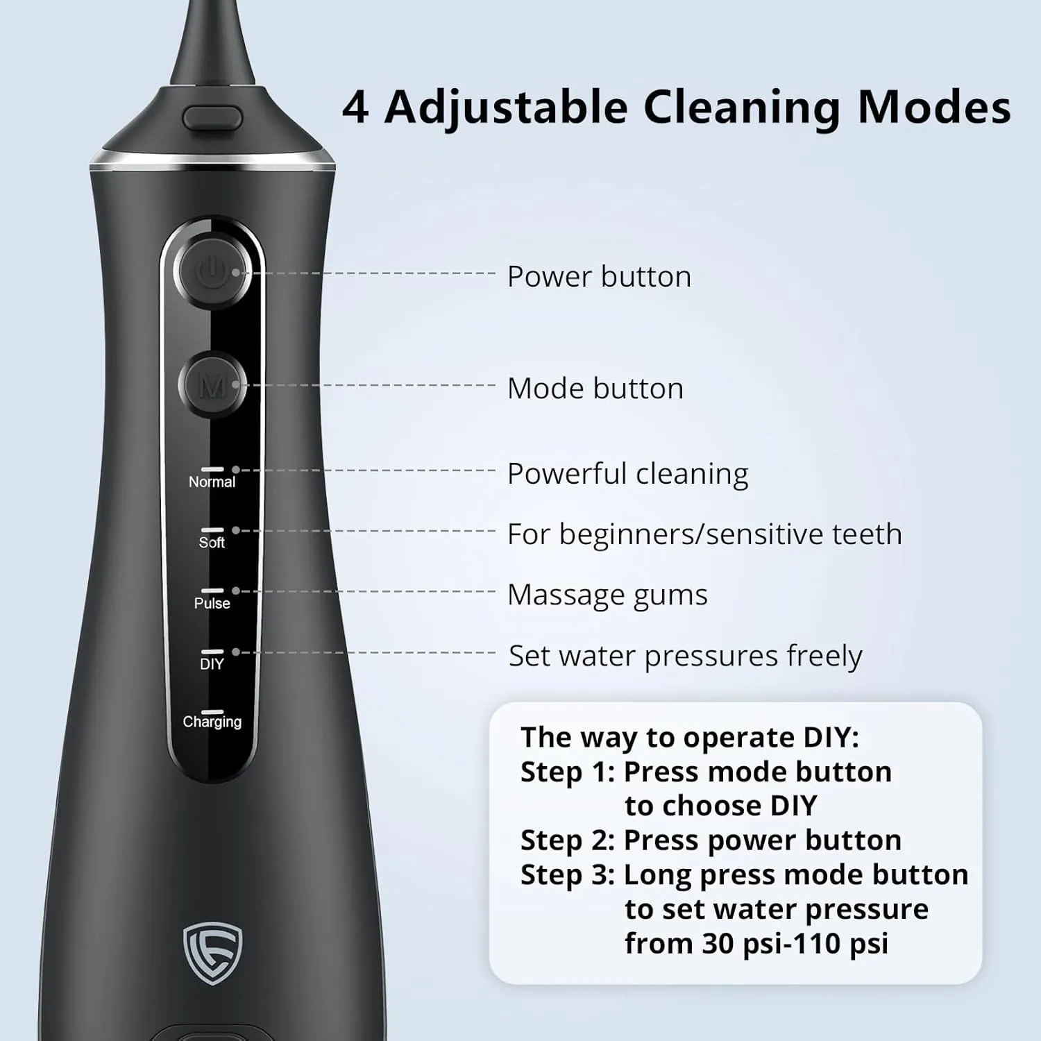 LF Water Dental Flosser Teeth Cleaning Pick, DIY 4 Modes Portable Cordless Oral Irrigator Rechargeable IPX7 Waterproof Electric Flossing for Travel, Black