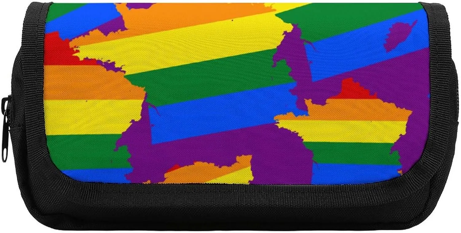LGBT Flag Map of France Funny Pencil Case Bag Double Pen Pouch Travel Makeup Cosmetic Organizer for Men Women