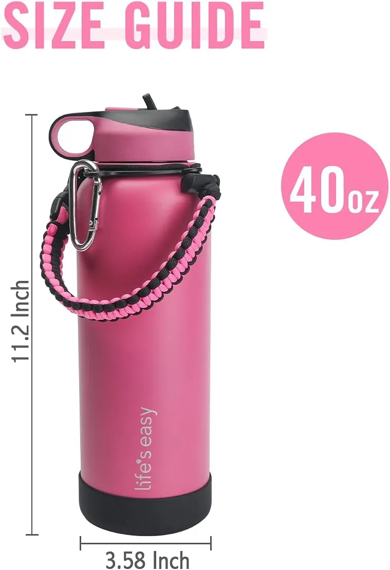 Life's Easy Stainless Steel Insulated Water Bottle - Sports Water Bottle w/Straw Lid and Paracord Carabiner Handle Carrier- Vacuum Flask for Hot & Cold Drinks - Great for Travel (Pink/Black, 40 oz)