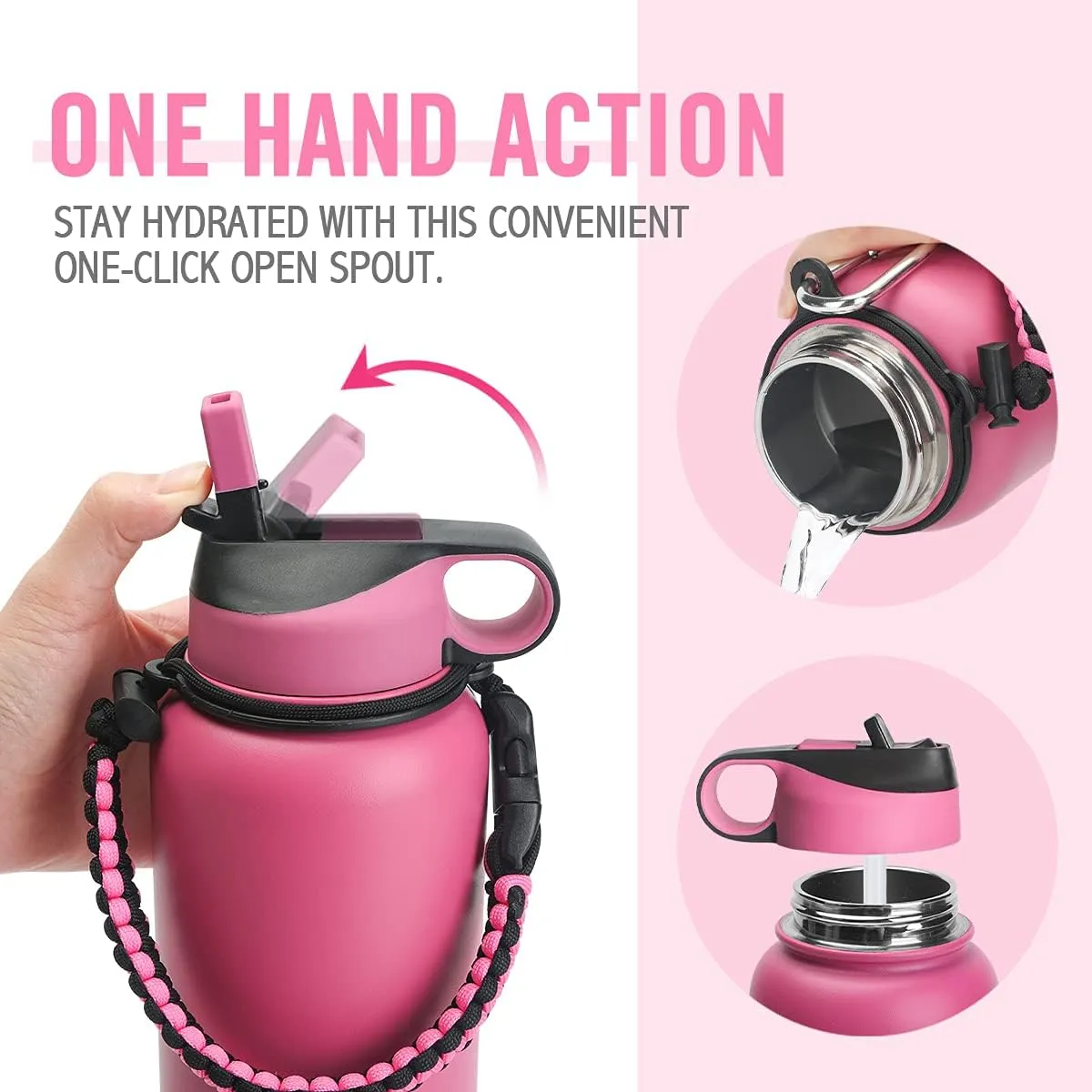 Life's Easy Stainless Steel Insulated Water Bottle - Sports Water Bottle w/Straw Lid and Paracord Carabiner Handle Carrier- Vacuum Flask for Hot & Cold Drinks - Great for Travel (Pink/Black, 40 oz)