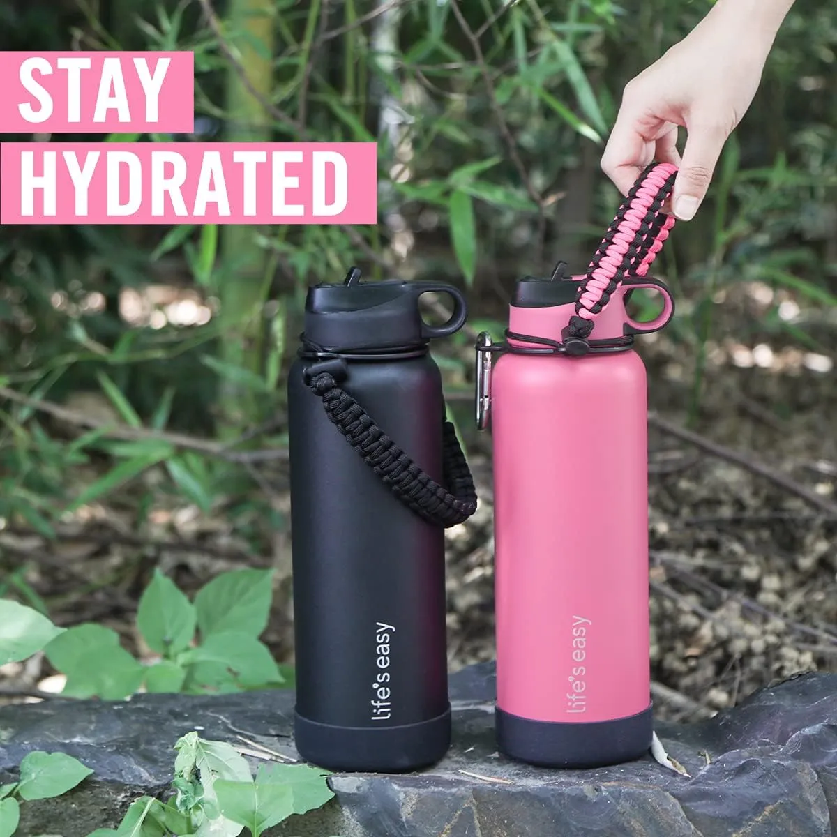 Life's Easy Stainless Steel Insulated Water Bottle - Sports Water Bottle w/Straw Lid and Paracord Carabiner Handle Carrier- Vacuum Flask for Hot & Cold Drinks - Great for Travel (Pink/Black, 40 oz)