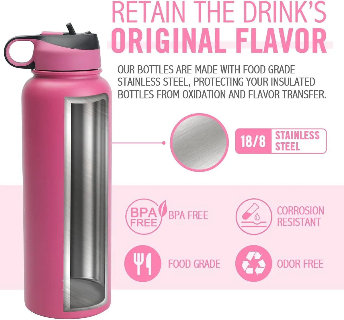 Life's Easy Stainless Steel Insulated Water Bottle - Sports Water Bottle w/Straw Lid and Paracord Carabiner Handle Carrier- Vacuum Flask for Hot & Cold Drinks - Great for Travel (Pink/Black, 40 oz)