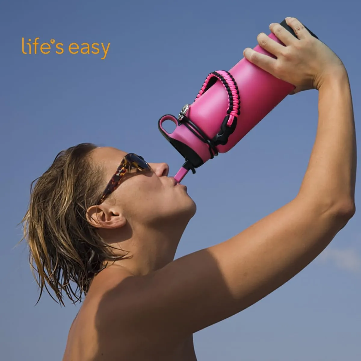Life's Easy Stainless Steel Insulated Water Bottle - Sports Water Bottle w/Straw Lid and Paracord Carabiner Handle Carrier- Vacuum Flask for Hot & Cold Drinks - Great for Travel (Pink/Black, 40 oz)