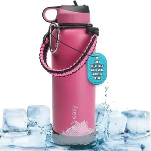 Life's Easy Stainless Steel Insulated Water Bottle - Sports Water Bottle w/Straw Lid and Paracord Carabiner Handle Carrier- Vacuum Flask for Hot & Cold Drinks - Great for Travel (Pink/Black, 40 oz)