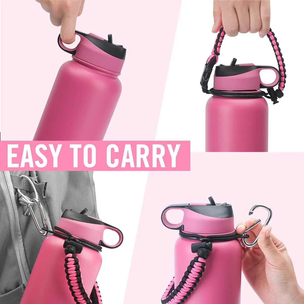 Life's Easy Stainless Steel Insulated Water Bottle - Sports Water Bottle w/Straw Lid and Paracord Carabiner Handle Carrier- Vacuum Flask for Hot & Cold Drinks - Great for Travel (Pink/Black, 40 oz)