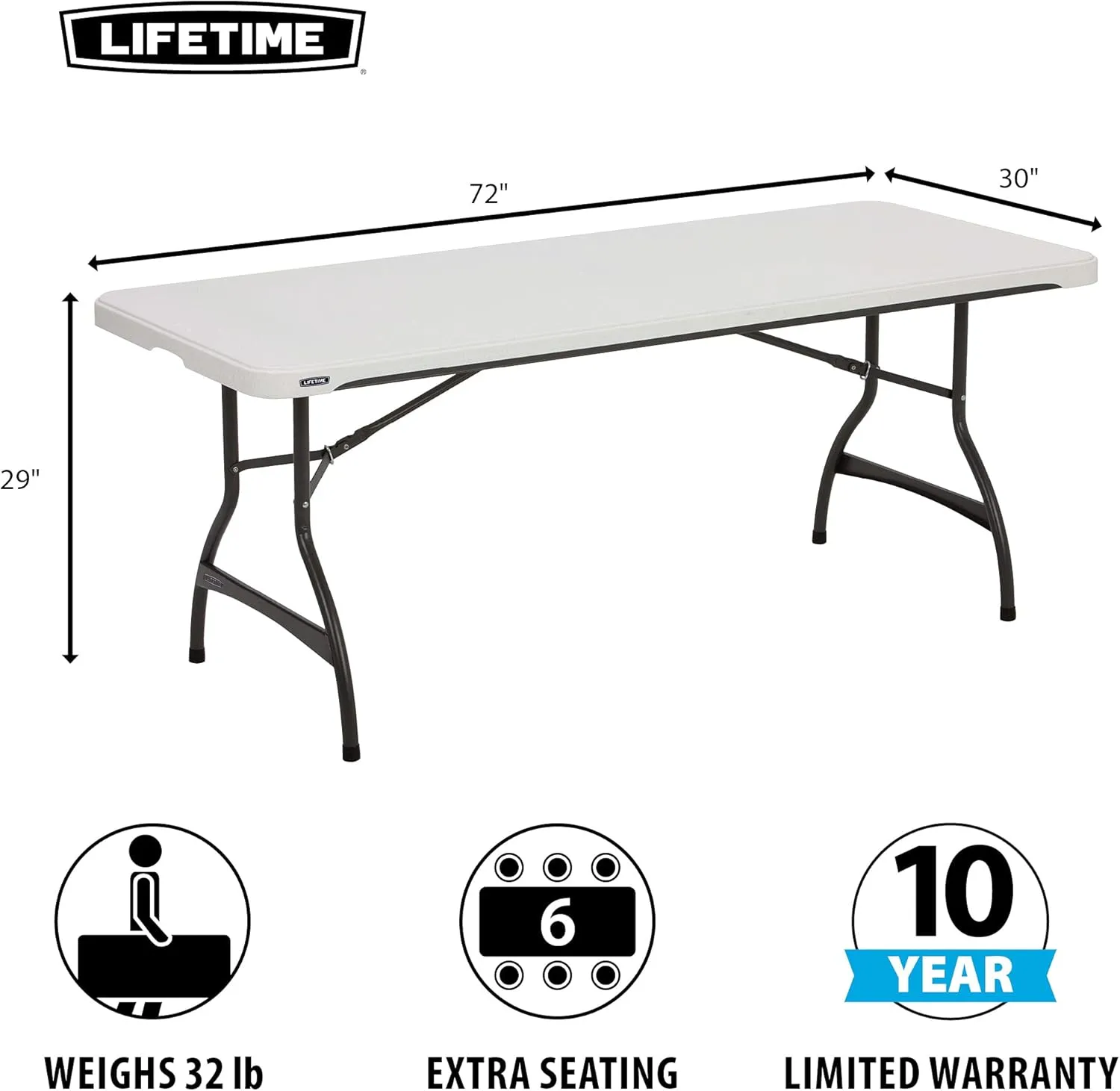Lifetime 80306 Commercial Stackable Folding Table, 6', White