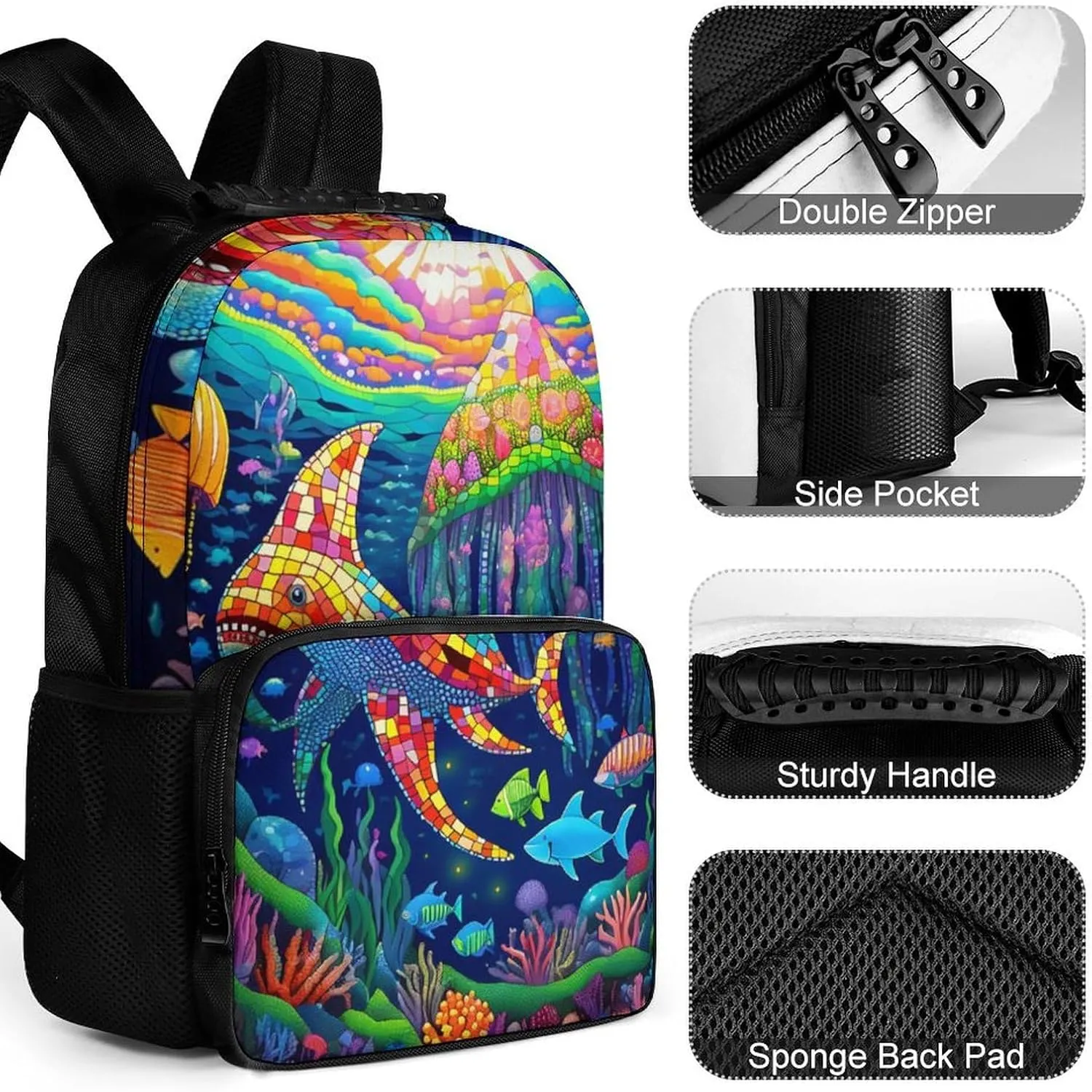 Lightweight Daypack for Camping Business Walking Cycling - Large Capacity Anti-Theft Multipurpose Bookbag, Beautiful Underwater World Shark Jellyfish Art Gym Outdoor Hiking Backpack
