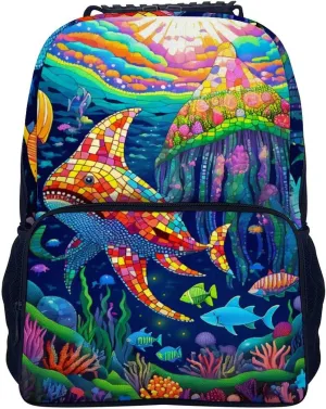 Lightweight Daypack for Camping Business Walking Cycling - Large Capacity Anti-Theft Multipurpose Bookbag, Beautiful Underwater World Shark Jellyfish Art Gym Outdoor Hiking Backpack