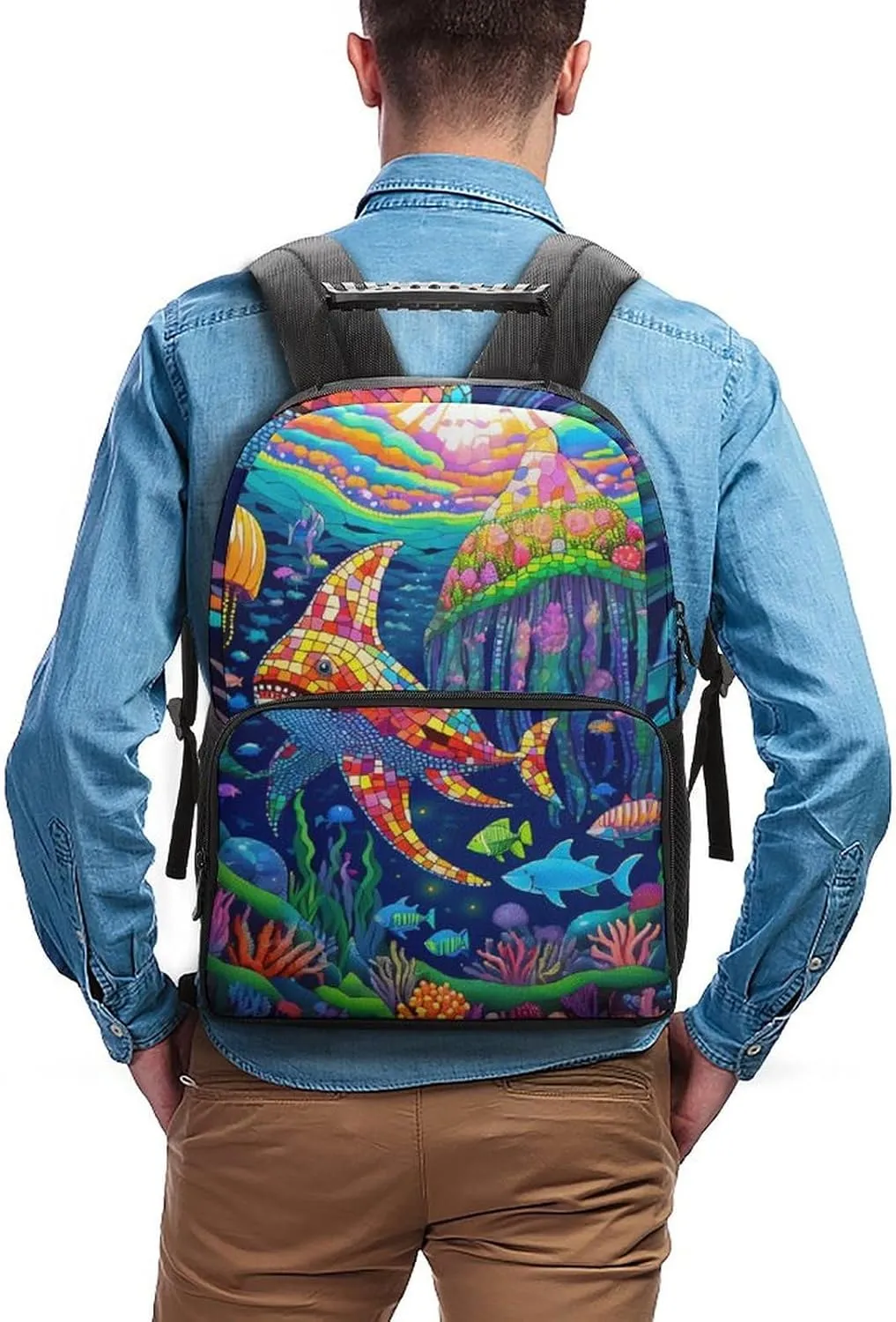 Lightweight Daypack for Camping Business Walking Cycling - Large Capacity Anti-Theft Multipurpose Bookbag, Beautiful Underwater World Shark Jellyfish Art Gym Outdoor Hiking Backpack