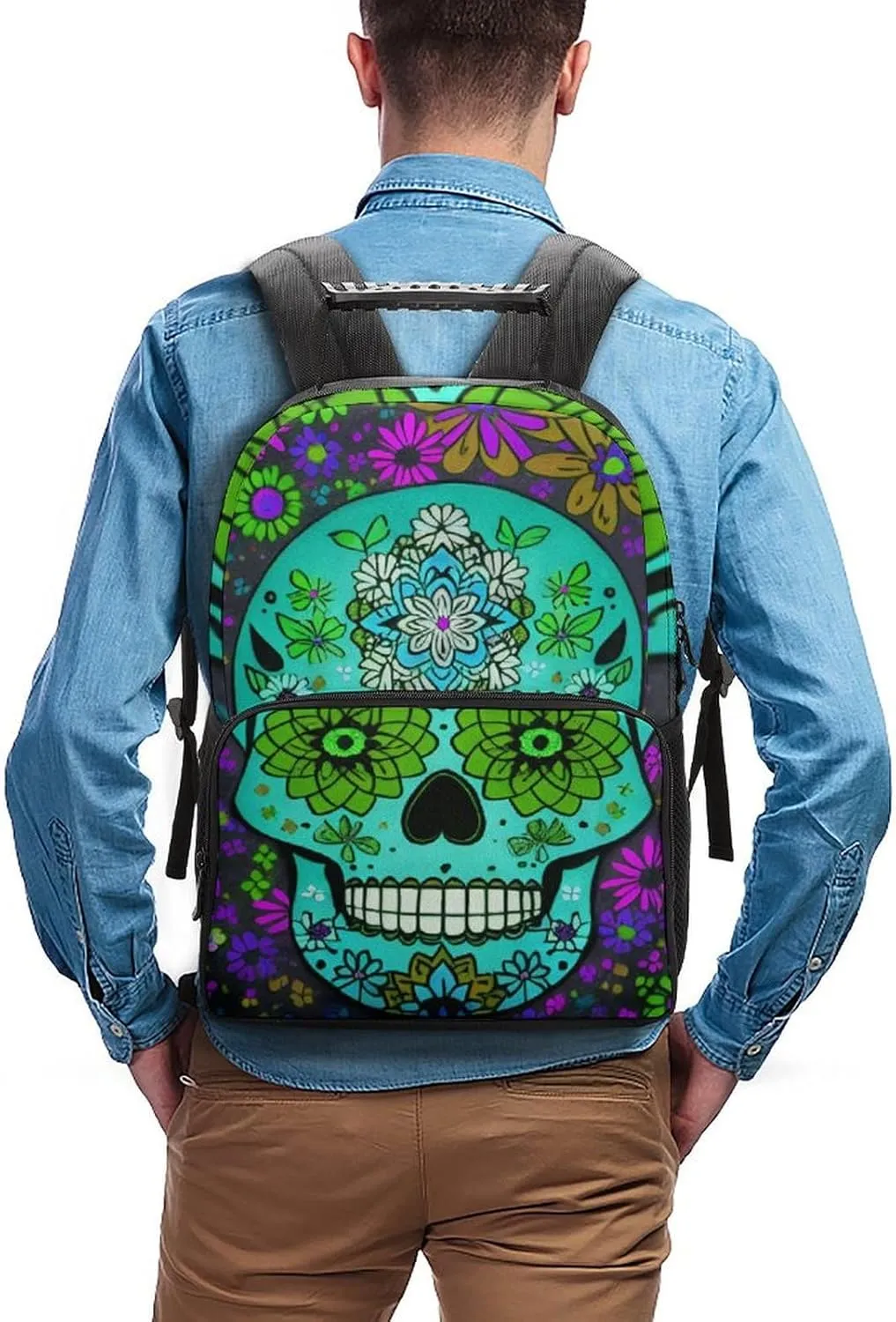 Lightweight Daypack for Camping Business Walking Cycling - Large Capacity Anti-Theft Multipurpose Bookbag, Grunge Mexican Sugar Skulls Day Of The Dead Flowers Art Gym Outdoor Hiking Backpack