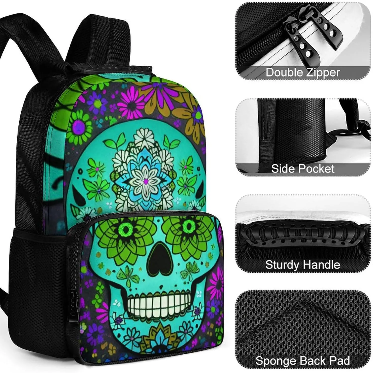 Lightweight Daypack for Camping Business Walking Cycling - Large Capacity Anti-Theft Multipurpose Bookbag, Grunge Mexican Sugar Skulls Day Of The Dead Flowers Art Gym Outdoor Hiking Backpack