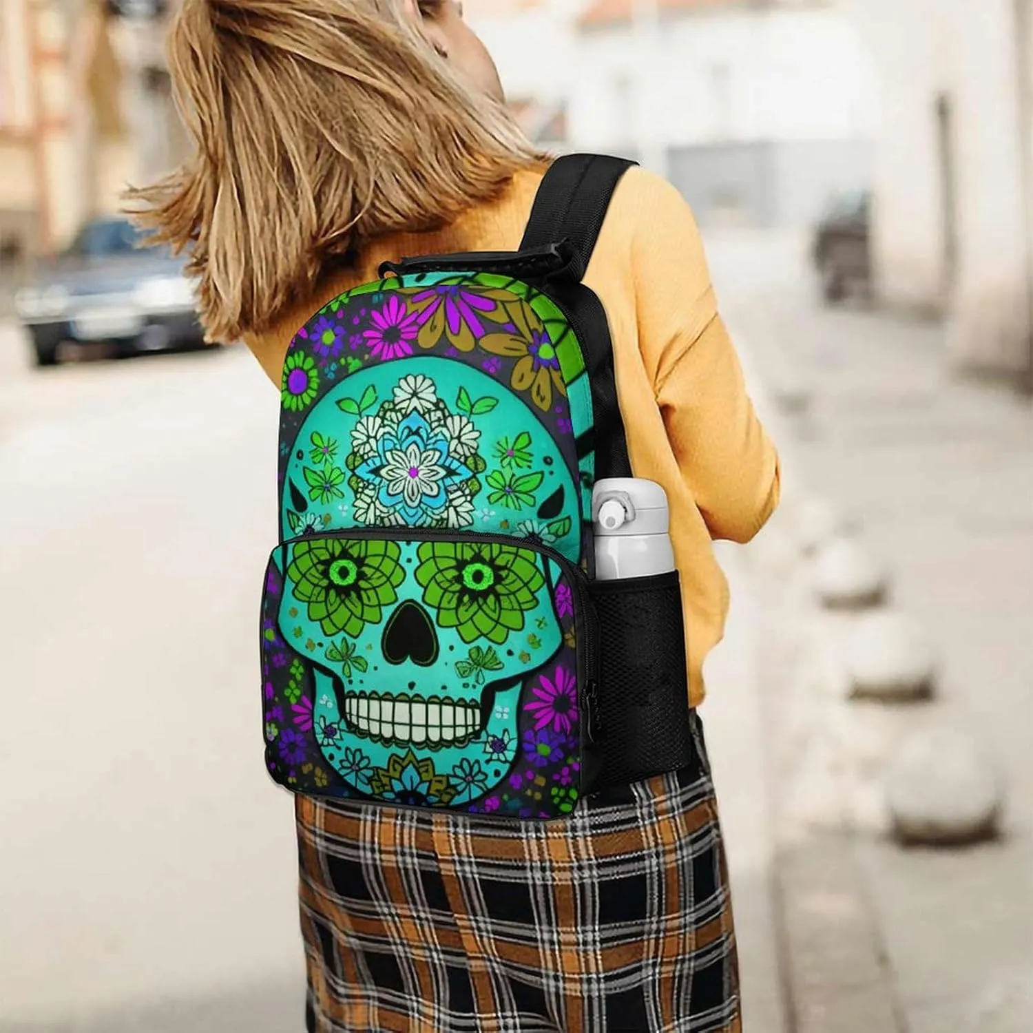 Lightweight Daypack for Camping Business Walking Cycling - Large Capacity Anti-Theft Multipurpose Bookbag, Grunge Mexican Sugar Skulls Day Of The Dead Flowers Art Gym Outdoor Hiking Backpack