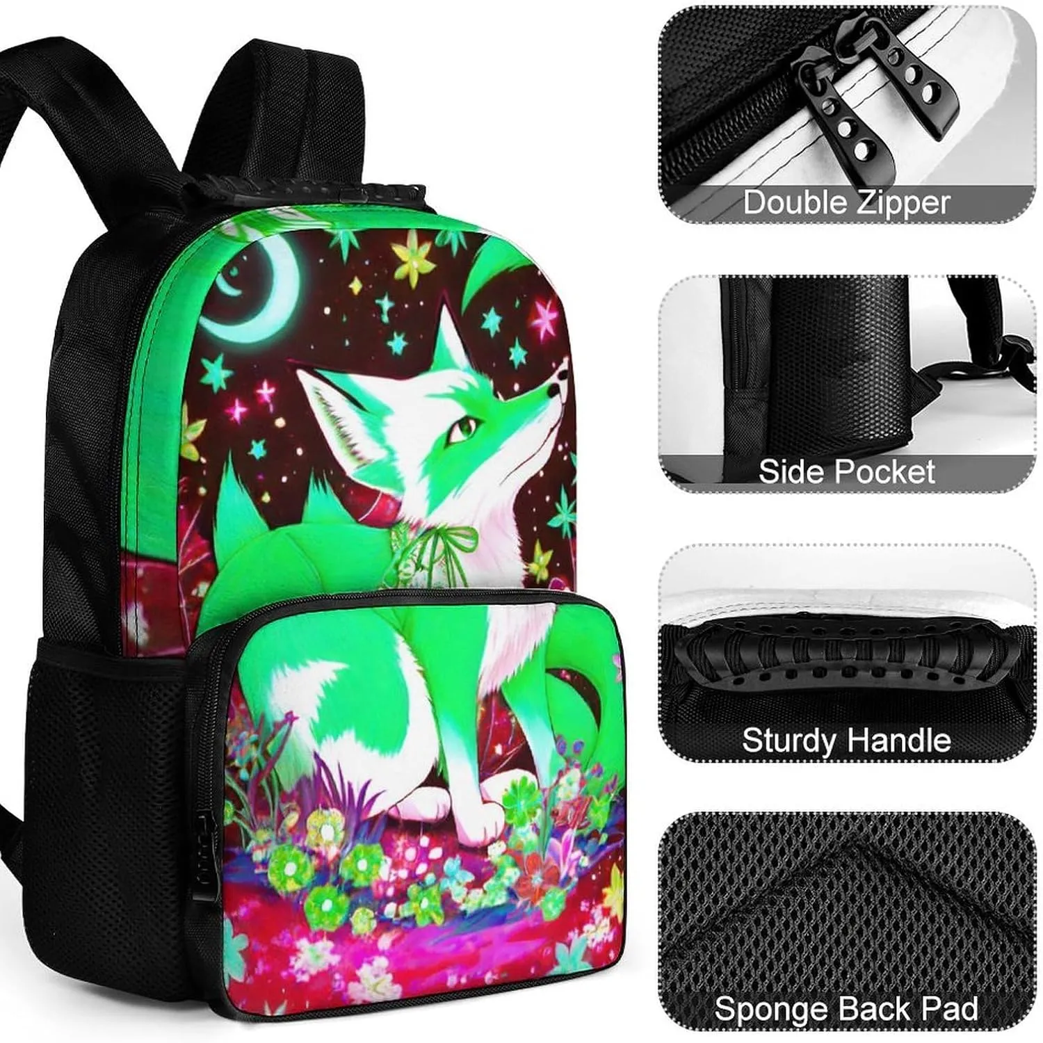 Lightweight Daypack for Camping Business Walking Cycling - Large Capacity Anti-Theft Multipurpose Bookbag, Magical Cute Fox Flowers Art Gym Outdoor Hiking Backpack