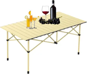 Lightweight Folding Camping Table, Portable Aluminum Table with Carry Bag, Perfect for Camping, Backpacking, Beach, and Outdoor Parties Light Yellow 95×55×50cm/37×21×19.7in