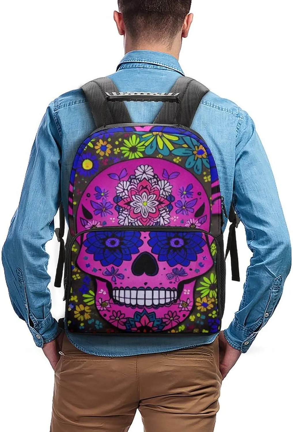 Lightweight Rucksack for Sports Travel Running - Big Capacity Multipurpose Anti-Theft Bookbag, Grunge Mexican Sugar Skulls Day Of The Dead Flowers Art Travel and Sport Backpack Rucksack