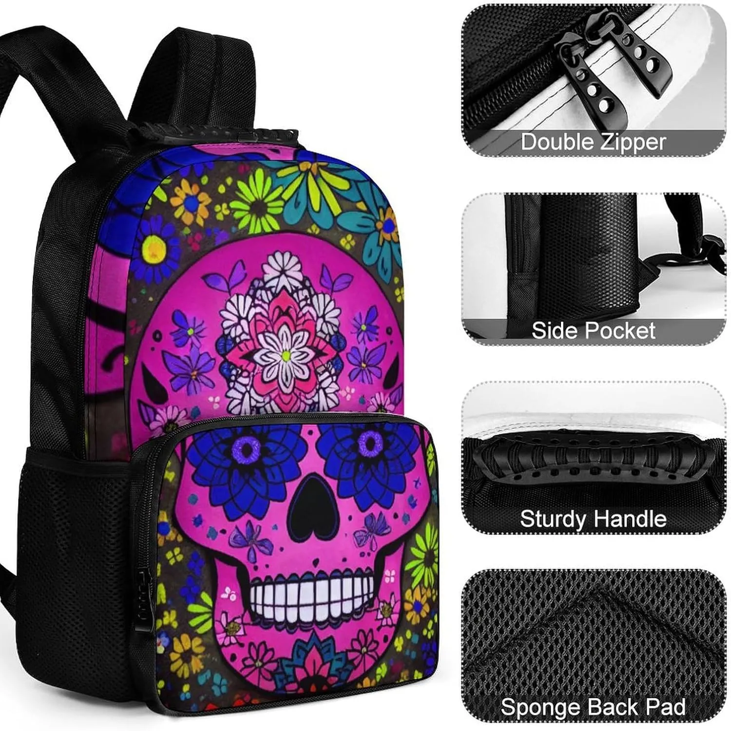 Lightweight Rucksack for Sports Travel Running - Big Capacity Multipurpose Anti-Theft Bookbag, Grunge Mexican Sugar Skulls Day Of The Dead Flowers Art Travel and Sport Backpack Rucksack