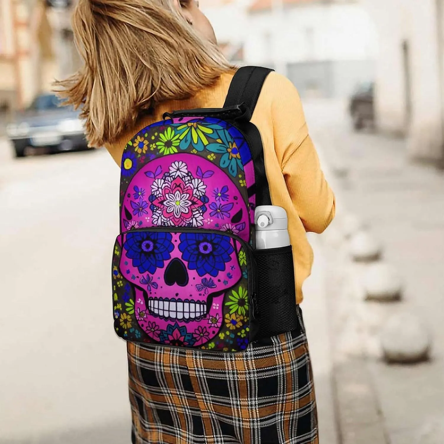 Lightweight Rucksack for Sports Travel Running - Big Capacity Multipurpose Anti-Theft Bookbag, Grunge Mexican Sugar Skulls Day Of The Dead Flowers Art Travel and Sport Backpack Rucksack