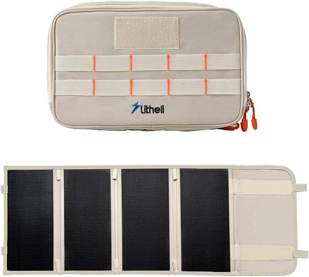 Litheli Portable Solar Panel with Bag, 24W Mini Power Generation Charger for Phone & U20 Battery, Foldable Lightweight, USB-A and USB-C Ports Adjustable Stands (4-Panel)