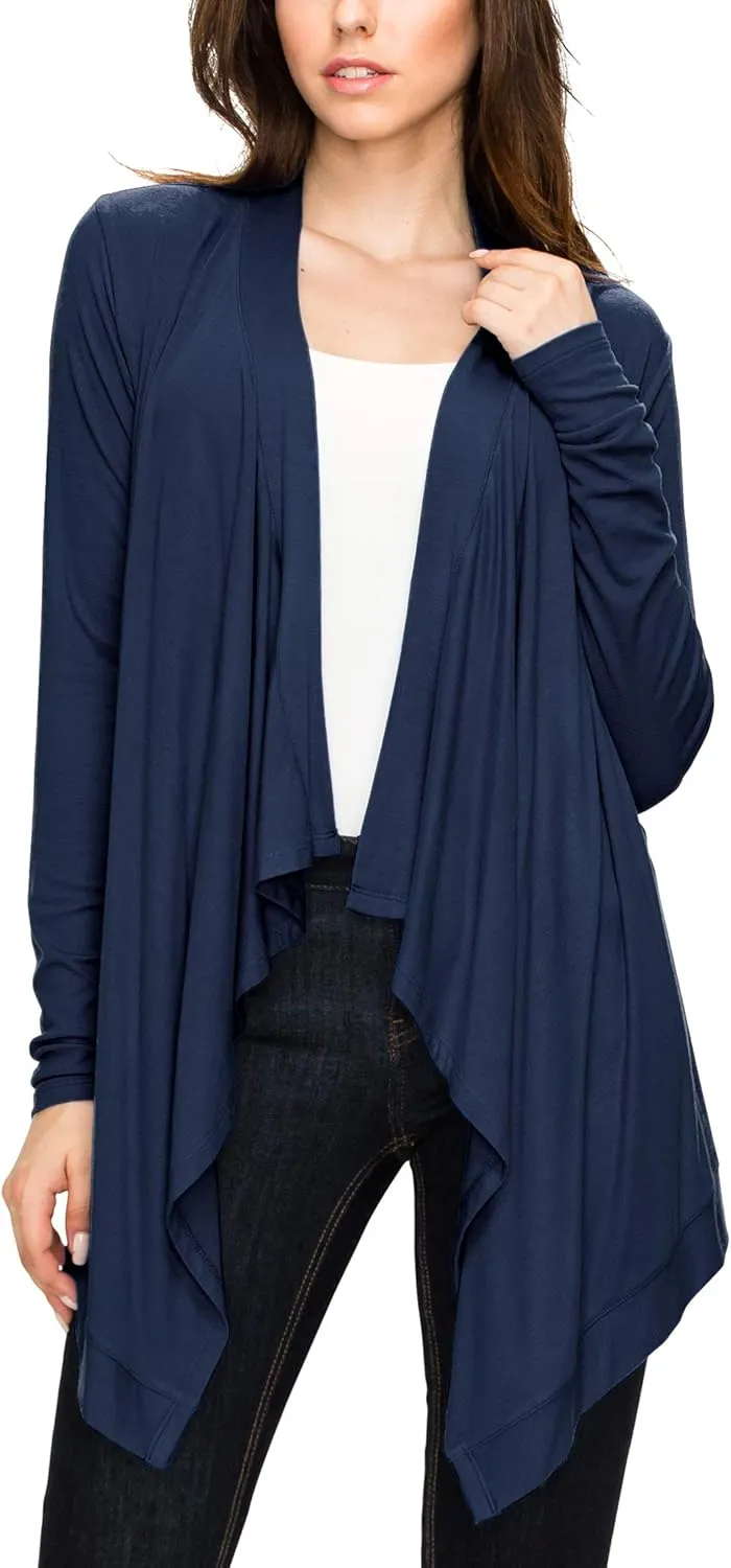 Lock and Love Women's Draped Front Open Asymmetrical Cardigan - Casual Long Sleeve Lightweight Duster