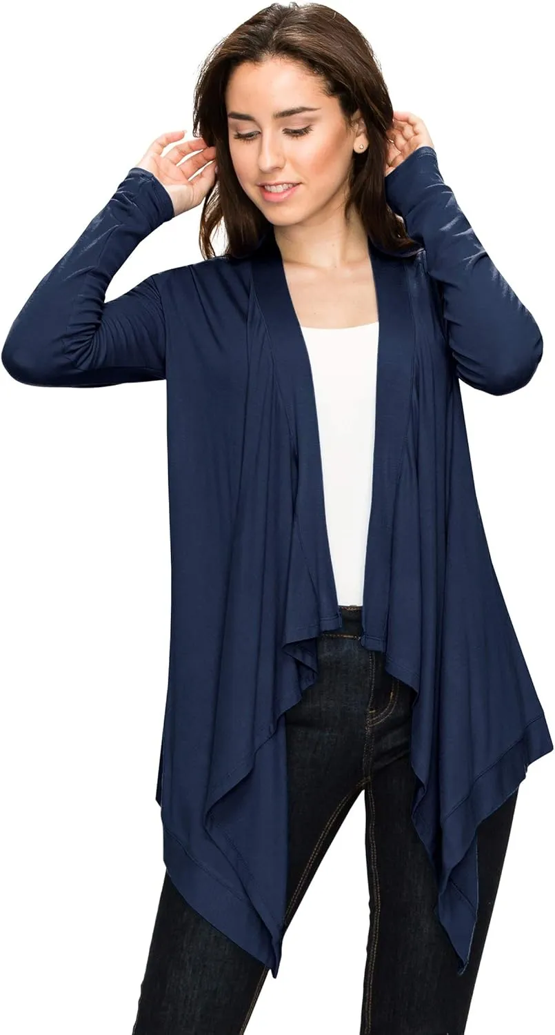 Lock and Love Women's Draped Front Open Asymmetrical Cardigan - Casual Long Sleeve Lightweight Duster