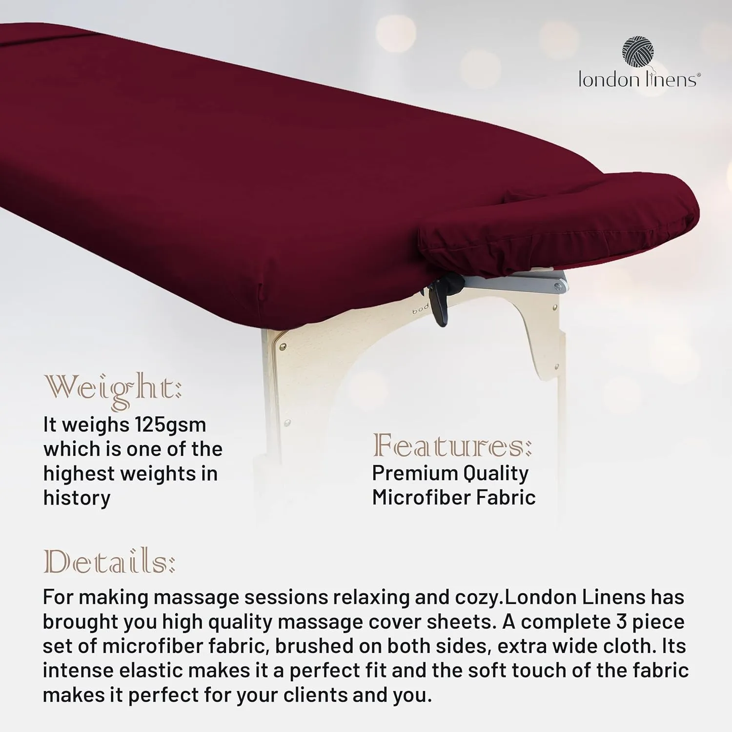 LONDON LINENS Soft Microfiber 3-Piece Massage Table Sheets - Super Lightweight, Stain and Wrinkle Resistant - Includes Table Cover, Fitted Sheet, and Face Rest Cover (Burgundy)