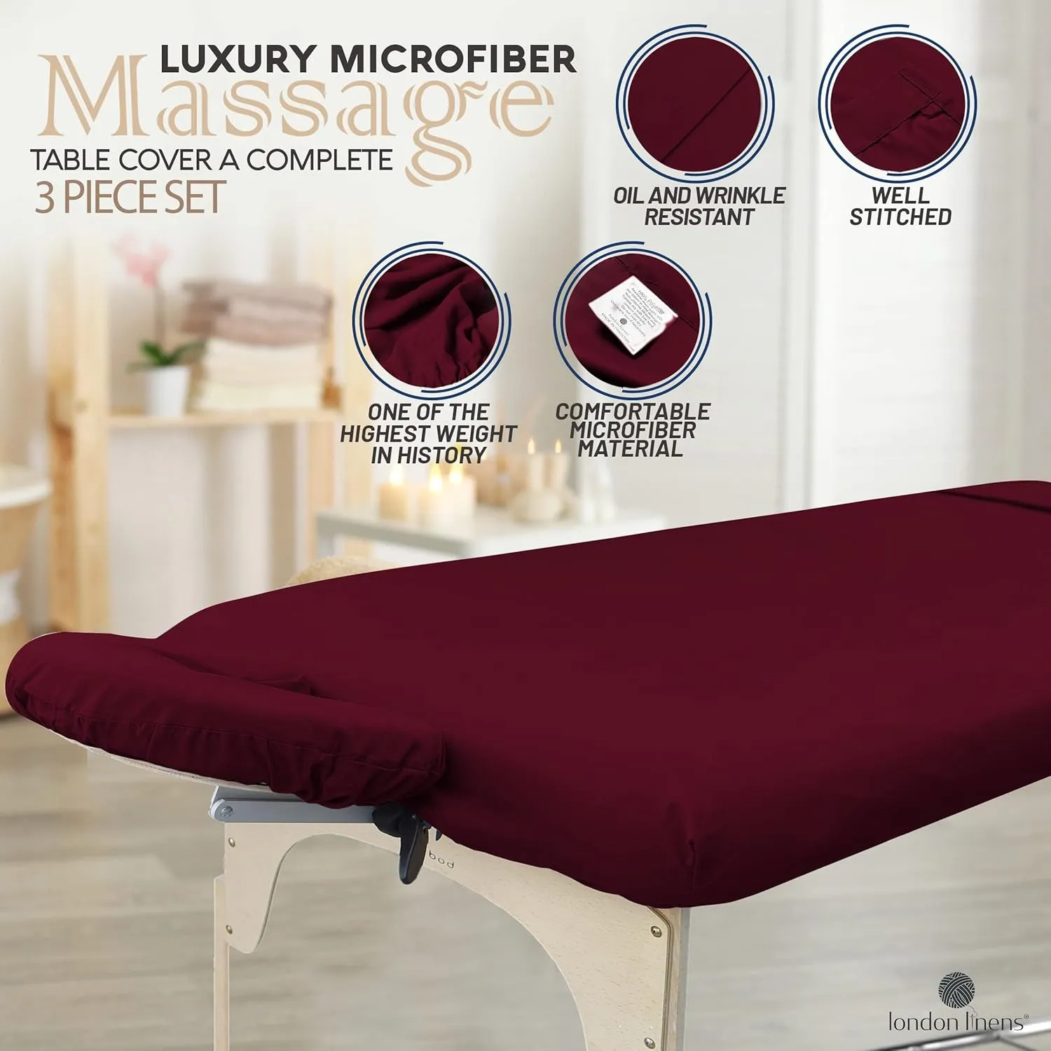 LONDON LINENS Soft Microfiber 3-Piece Massage Table Sheets - Super Lightweight, Stain and Wrinkle Resistant - Includes Table Cover, Fitted Sheet, and Face Rest Cover (Burgundy)