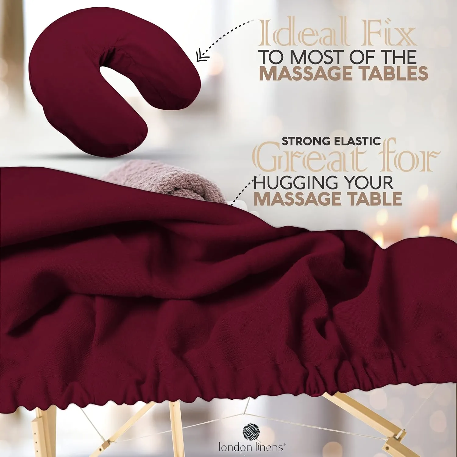 LONDON LINENS Soft Microfiber 3-Piece Massage Table Sheets - Super Lightweight, Stain and Wrinkle Resistant - Includes Table Cover, Fitted Sheet, and Face Rest Cover (Burgundy)