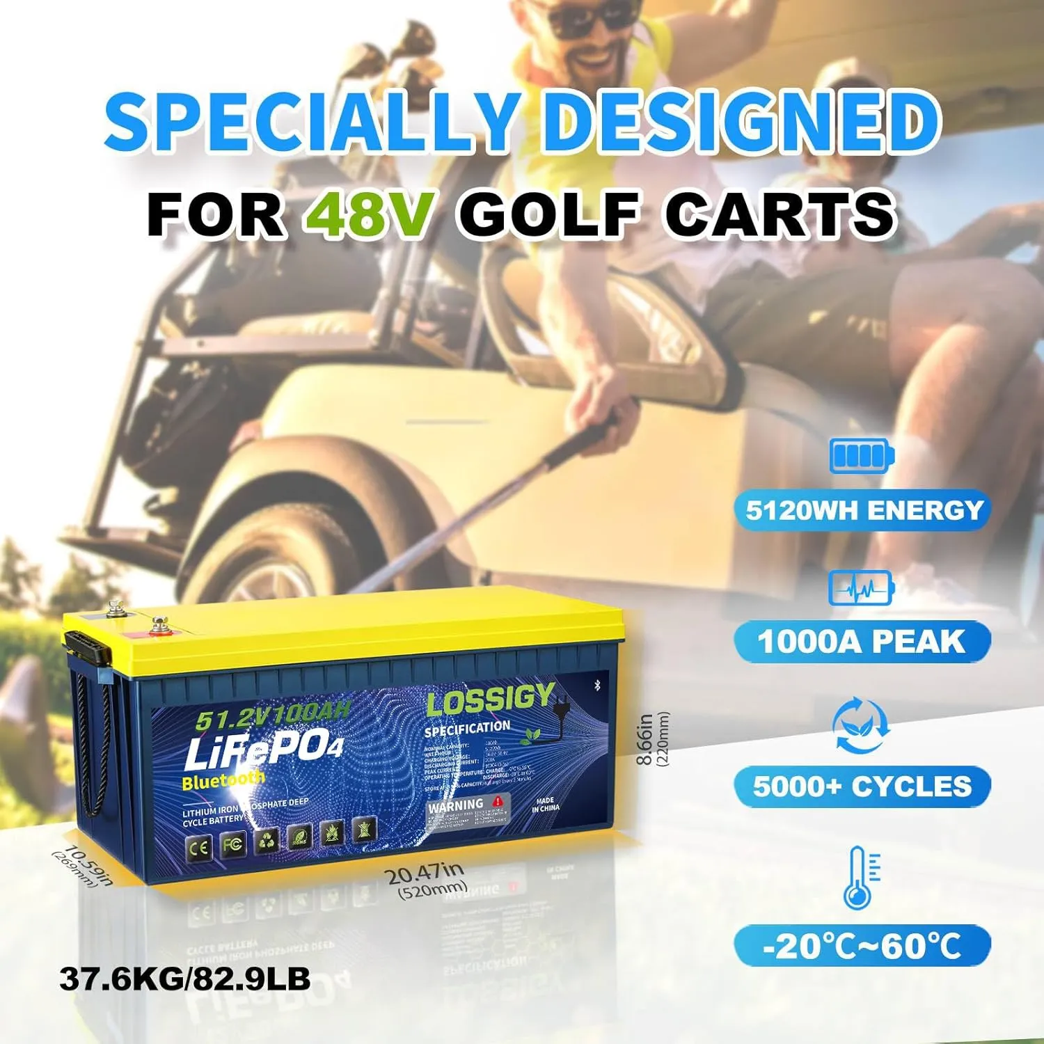 LOSSIGY 48V Lithium Golf Cart Battery with 18A Lithium Charger, 48 Volt 100Ah LiFePO4 Battery, Built in 200A Bluetooth BMS & LCD 10.24kW Output, Peak Current 1000A(3-5s), Prefect for RV Solar System