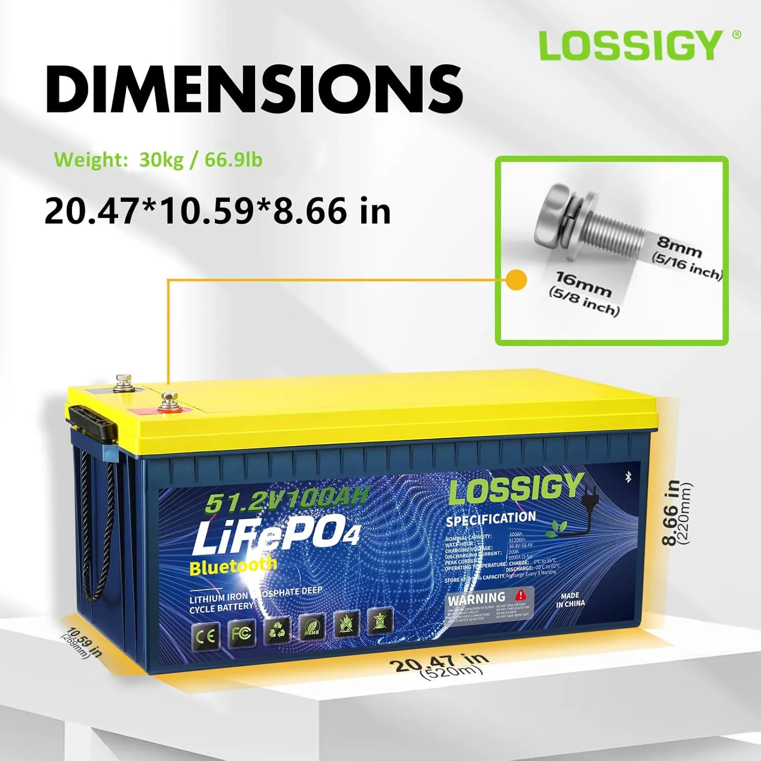 LOSSIGY 48V Lithium Golf Cart Battery with 18A Lithium Charger, 48 Volt 100Ah LiFePO4 Battery, Built in 200A Bluetooth BMS & LCD 10.24kW Output, Peak Current 1000A(3-5s), Prefect for RV Solar System
