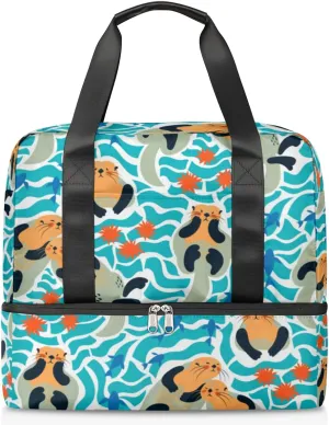 Lovely Sea Otters Travel Bag Double Tier Zip Closure Weekender Bag with Leather Handle Waterproof Sports Tote Gym Bag for Swim Beach Gym Yoga