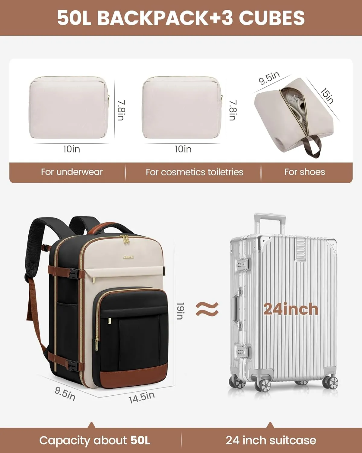 LOVEVOOK 50L Travel Backpack for Women & Men - 18 Inch Carry On Backpack & Personal Item Backpack for Airlines, Spacious and Durable Design, with 3 Packing Cubes