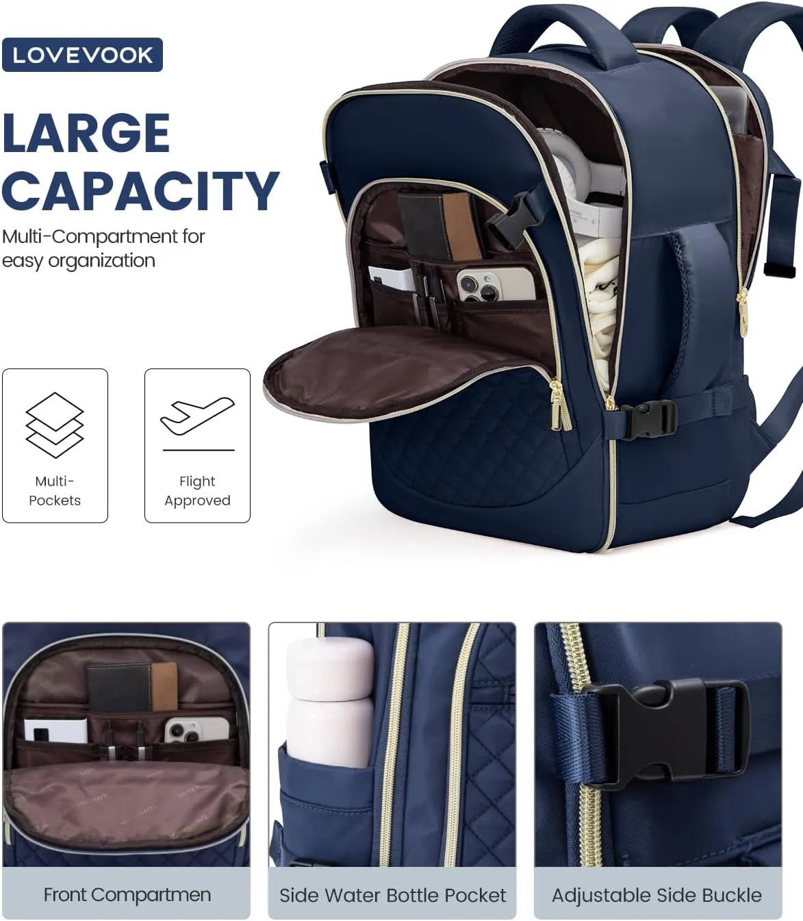 LOVEVOOK Carry on Backpack, 30L Travel Backpack for Women Airline Approved,Luggage Business Weekender Overnight Daypack as Personal Item fit for 15.6 inch Laptop,Navy Blue