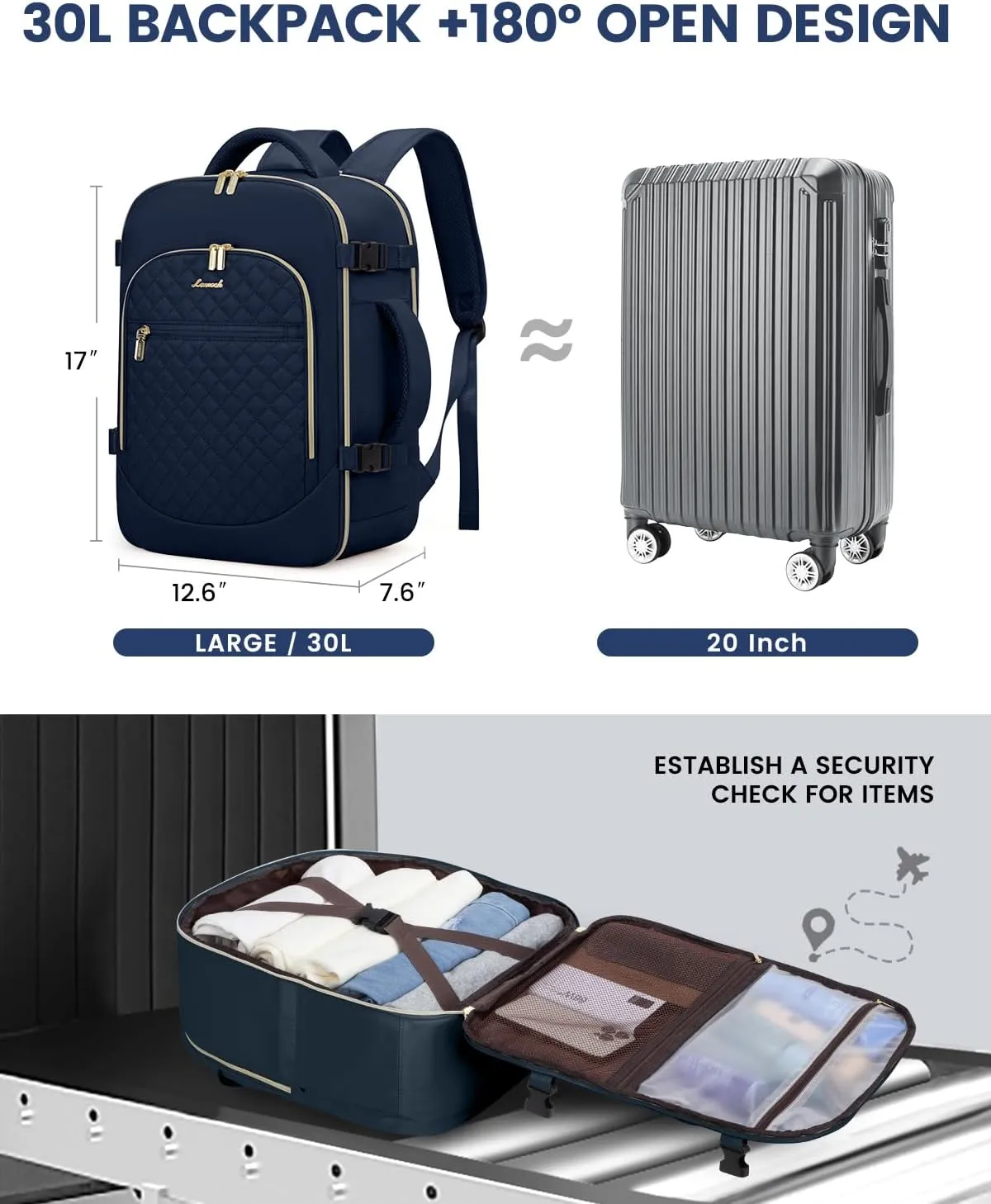 LOVEVOOK Carry on Backpack, 30L Travel Backpack for Women Airline Approved,Luggage Business Weekender Overnight Daypack as Personal Item fit for 15.6 inch Laptop,Navy Blue