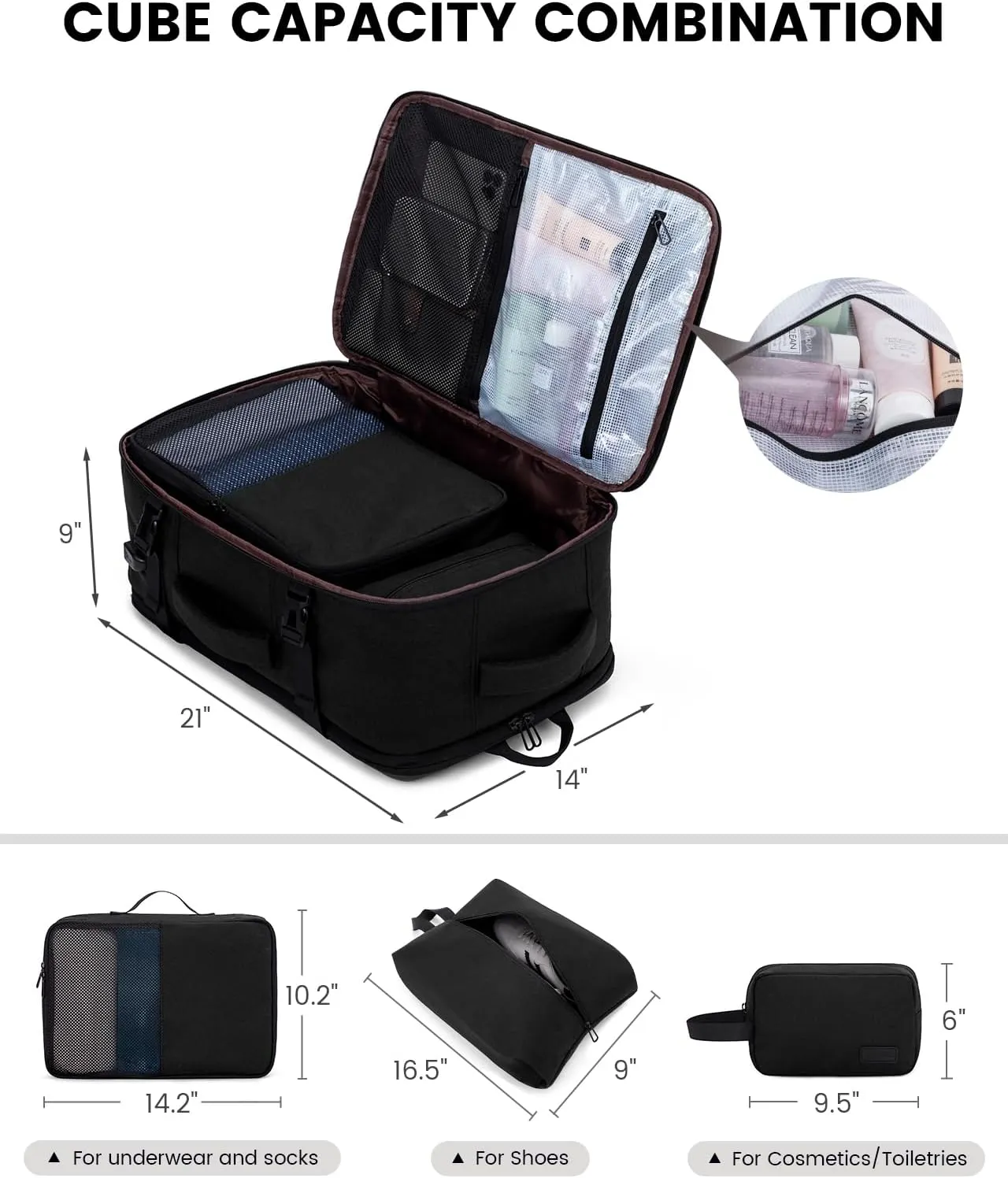 LOVEVOOK Carry on Travel Backpack, Large 50L for Men & Women Flight Approved with USB Charging Port&3 Packing Cubes, Large Suitcase Water Resistant Luggage Daypack Business Weekender Bag, Black