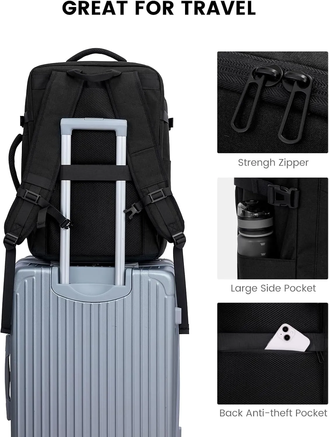LOVEVOOK Carry on Travel Backpack, Large 50L for Men & Women Flight Approved with USB Charging Port&3 Packing Cubes, Large Suitcase Water Resistant Luggage Daypack Business Weekender Bag, Black