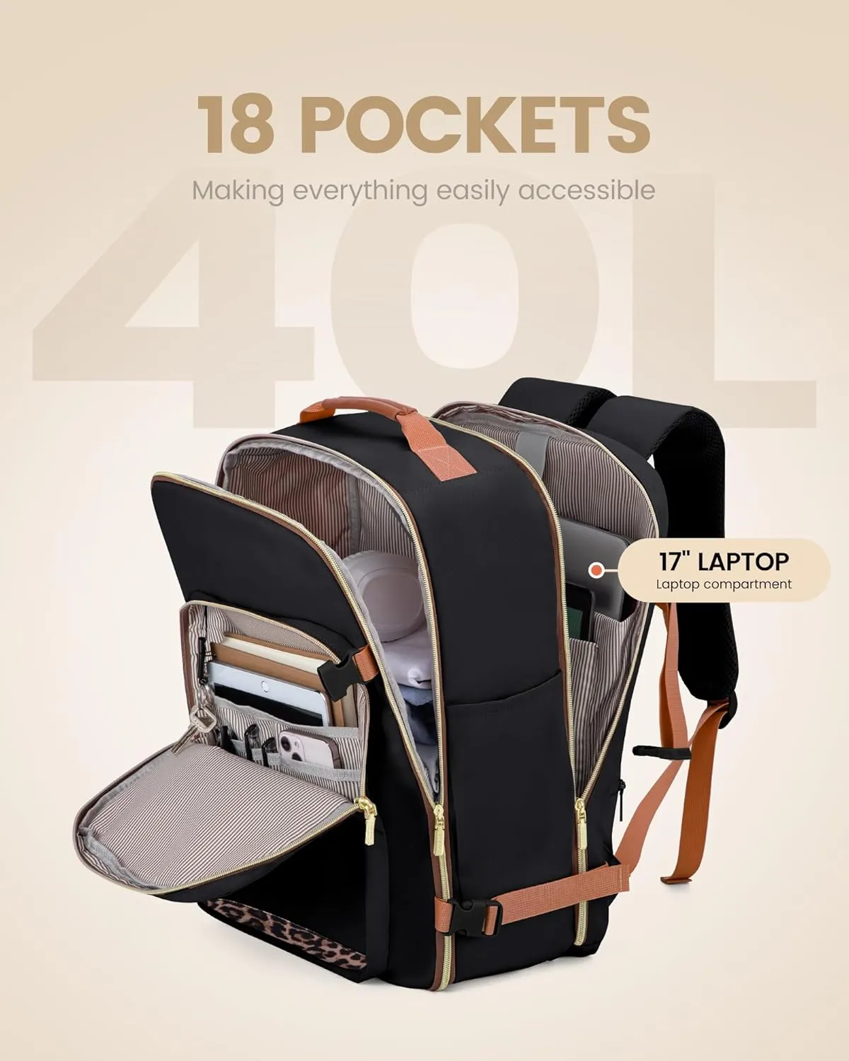 LOVEVOOK Travel Backpack for Women Men as Personal Item Flight Approved, 40L Luggage Carry On Backpack,17.3inch Large Laptop Backpack Waterproof Outdoor Sports with 3 Packing Cubes,Black-Leopard print
