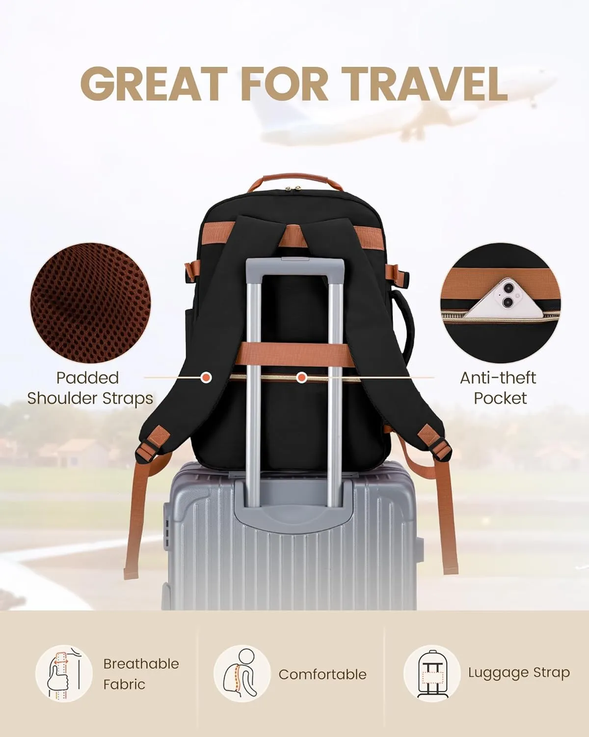 LOVEVOOK Travel Backpack for Women Men as Personal Item Flight Approved, 40L Luggage Carry On Backpack,17.3inch Large Laptop Backpack Waterproof Outdoor Sports with 3 Packing Cubes,Black-Leopard print