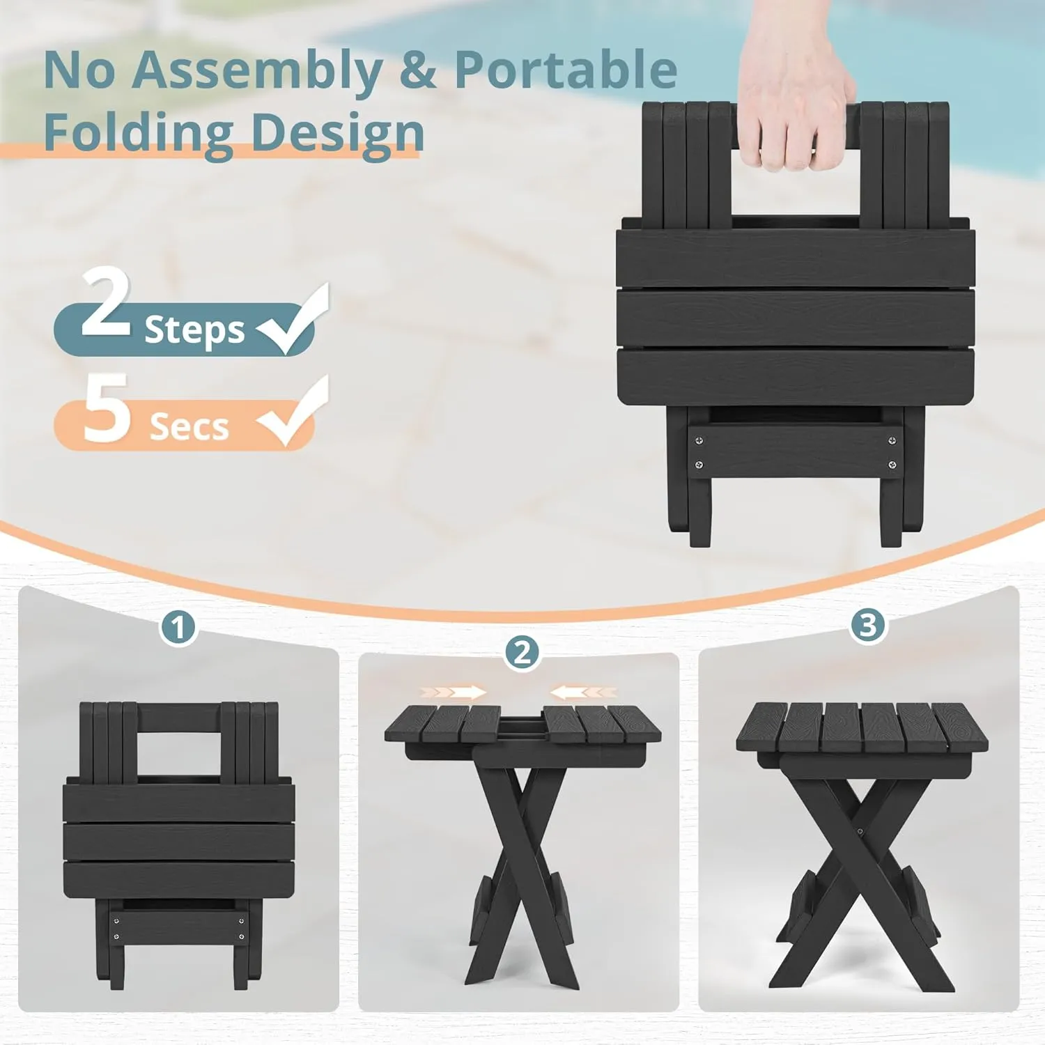 LUE BONA Small Outdoor Folding Side Table, HDPS Outside End Table for Patio, Porch, Deck, Pool, 14 Inch Height, Black