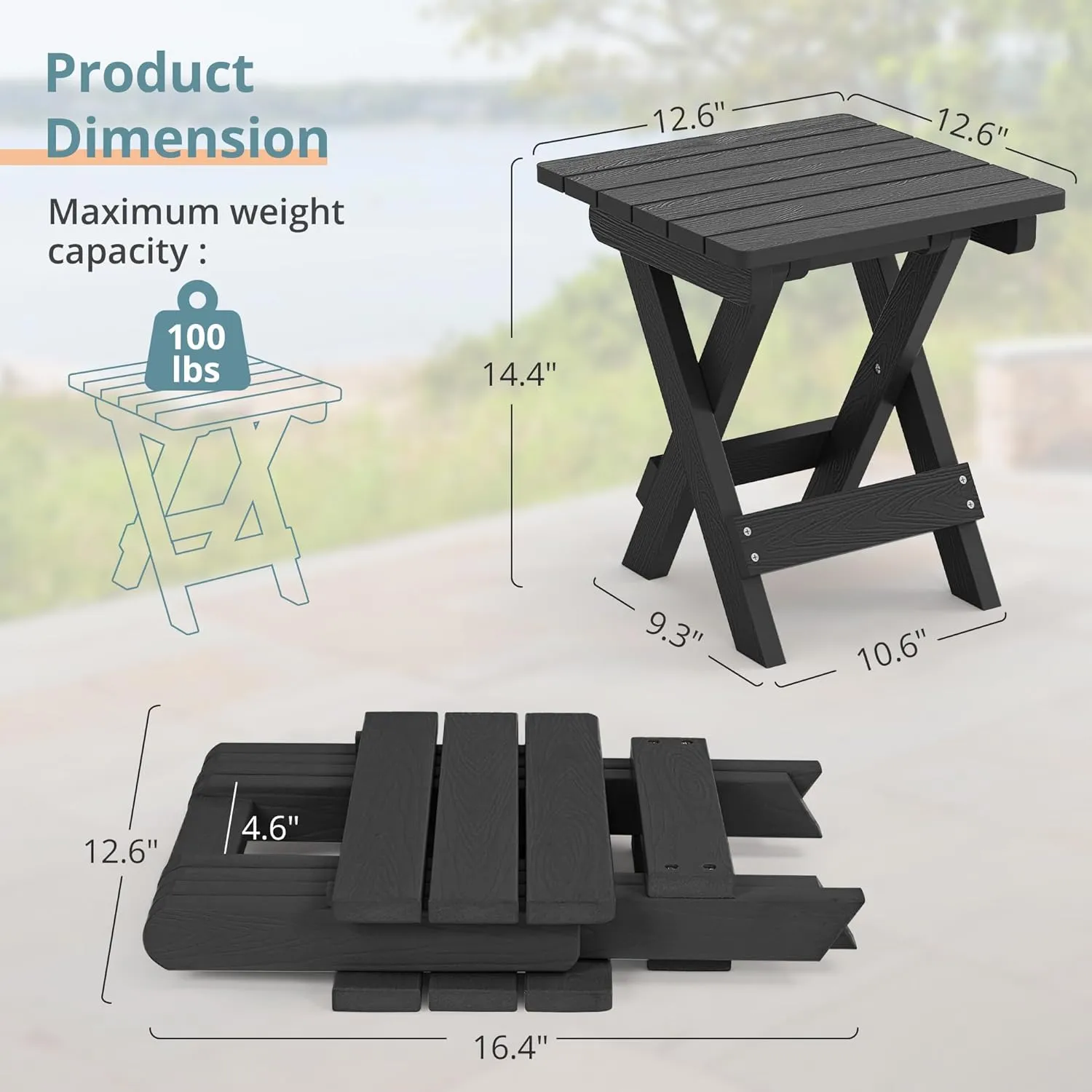 LUE BONA Small Outdoor Folding Side Table, HDPS Outside End Table for Patio, Porch, Deck, Pool, 14 Inch Height, Black